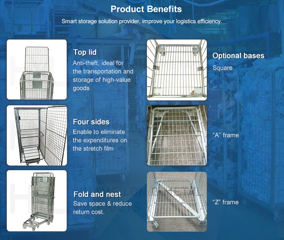 4 sided logistic A-frame security nestable storage folding metal steel cargo mesh roll cage containers for sale