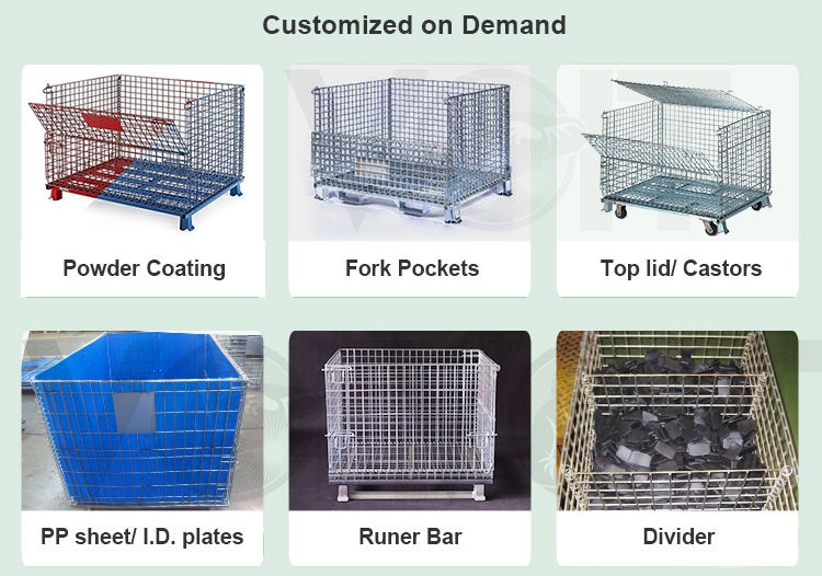 VT Galvanized stackable collapsible foldable metal steel welded storage wire mesh container
